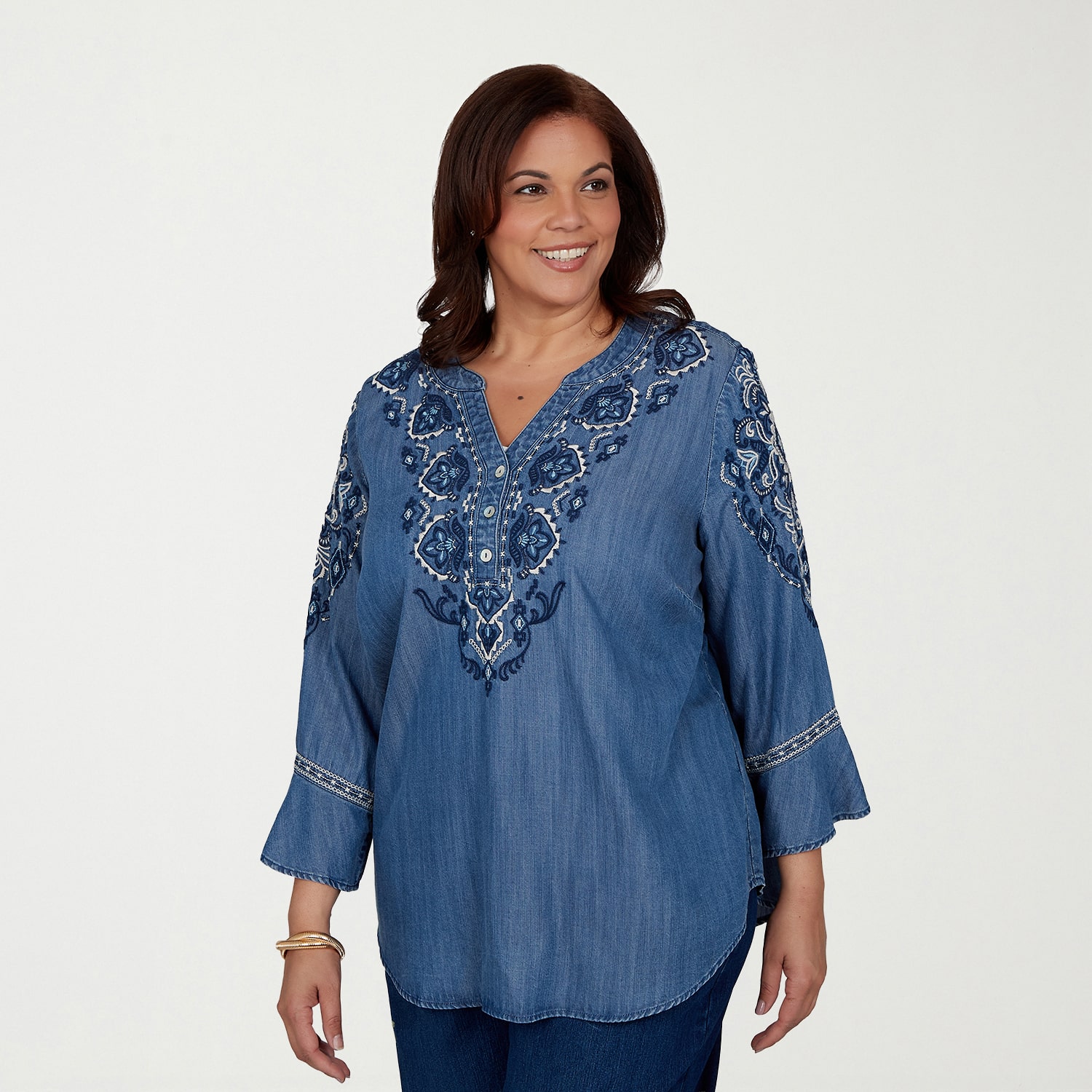 Alfred Dunner Tuscany Womens Plus Split Crew Neck 3/4 Sleeve Blouse