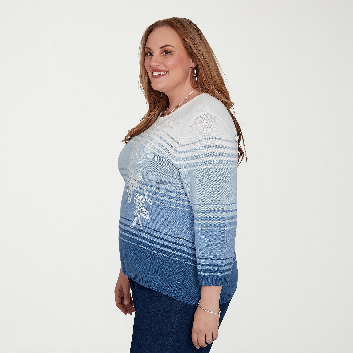 Alfred Dunner Plus Tuscany Womens Crew Neck 3/4 Sleeve Ombre Pullover Sweater