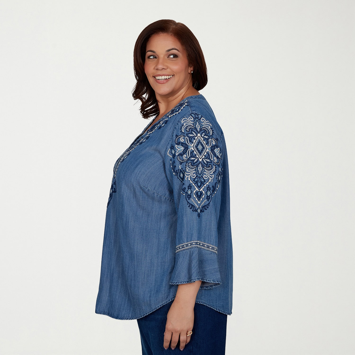 Alfred Dunner Tuscany Womens Plus Split Crew Neck 3/4 Sleeve Blouse