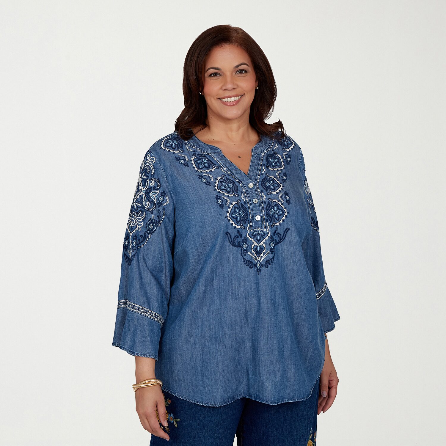 Alfred Dunner Tuscany Womens Plus Split Crew Neck 3/4 Sleeve Blouse