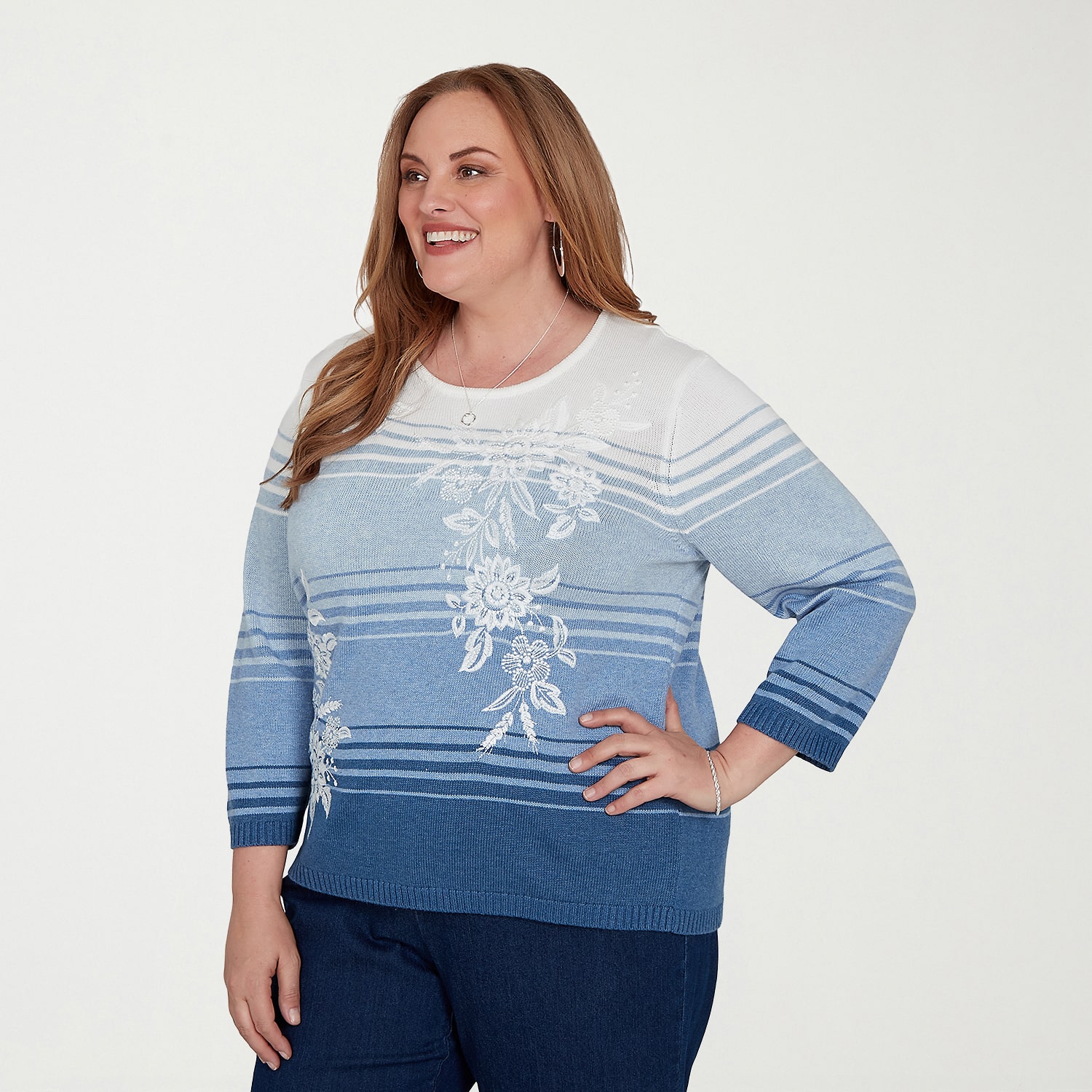 Alfred Dunner Plus Tuscany Womens Crew Neck 3/4 Sleeve Ombre Pullover Sweater