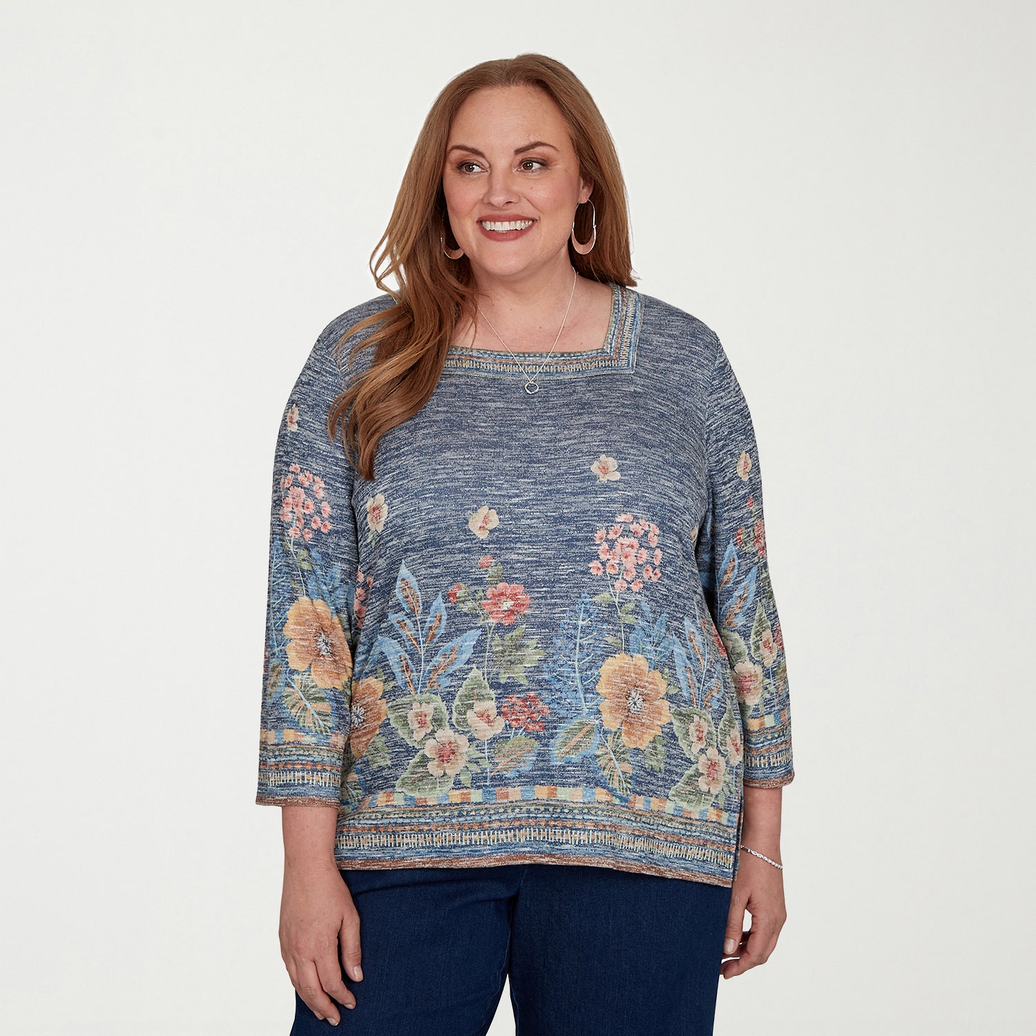 Alfred Dunner Tuscany Womens Plus Square Neck 3/4 Sleeve T-Shirt