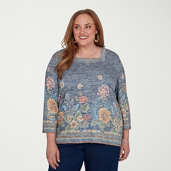 Alfred Dunner Tuscany Womens Plus Square Neck 3/4 Sleeve T-Shirt