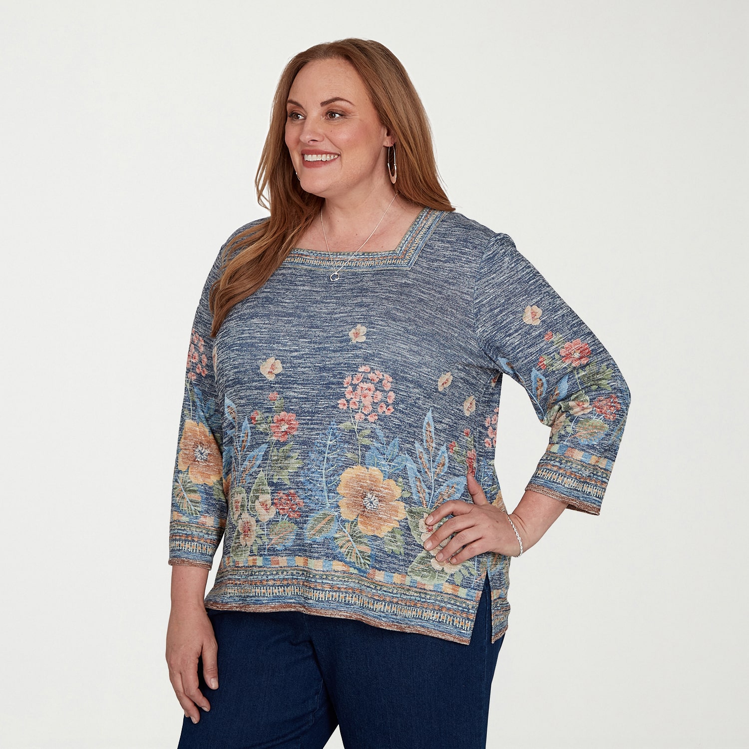 Alfred Dunner Tuscany Womens Plus Square Neck 3/4 Sleeve T-Shirt
