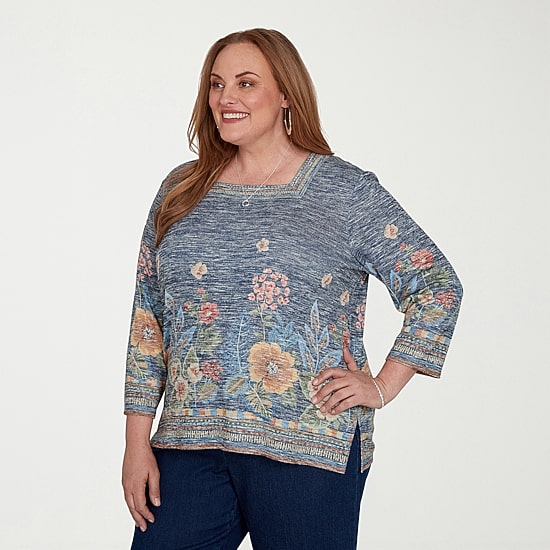 Alfred Dunner Tuscany Womens Plus Square Neck 3/4 Sleeve T-Shirt