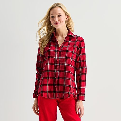 St. John's Bay Womens Tall Long Sleeve Regular Fit Button-down Shirt In Red