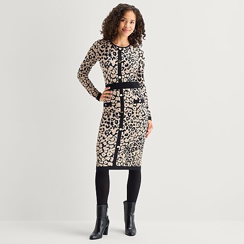 Melonie T Womens Long Sleeve Animal Sweater Dress In Brown