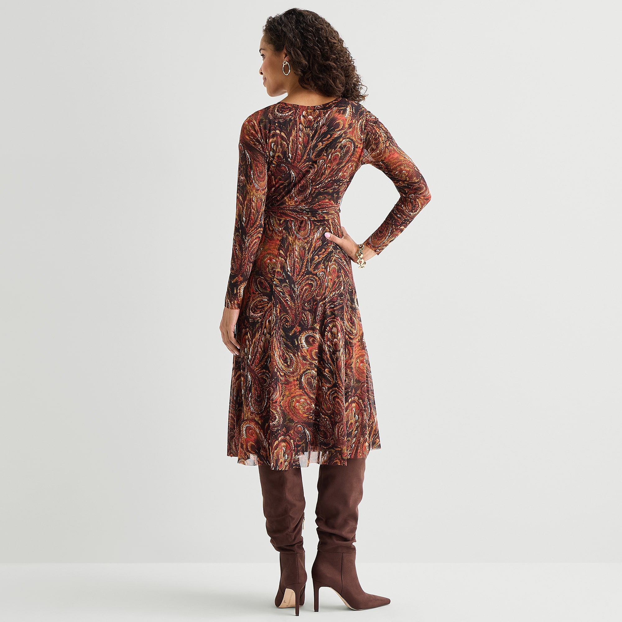 Studio 1 Womens Petite Midi Round Neck Long Sleeve Fitted Abstract Fit + Flare Dress