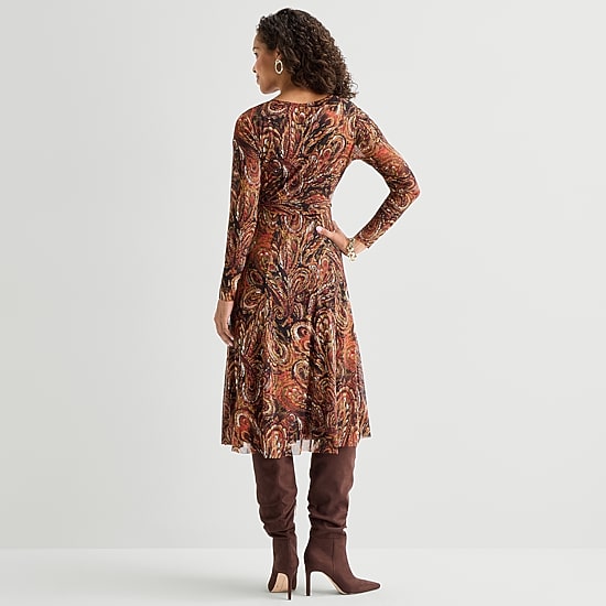 Studio 1 Womens Petite Midi Round Neck Long Sleeve Fitted Abstract Fit + Flare Dress