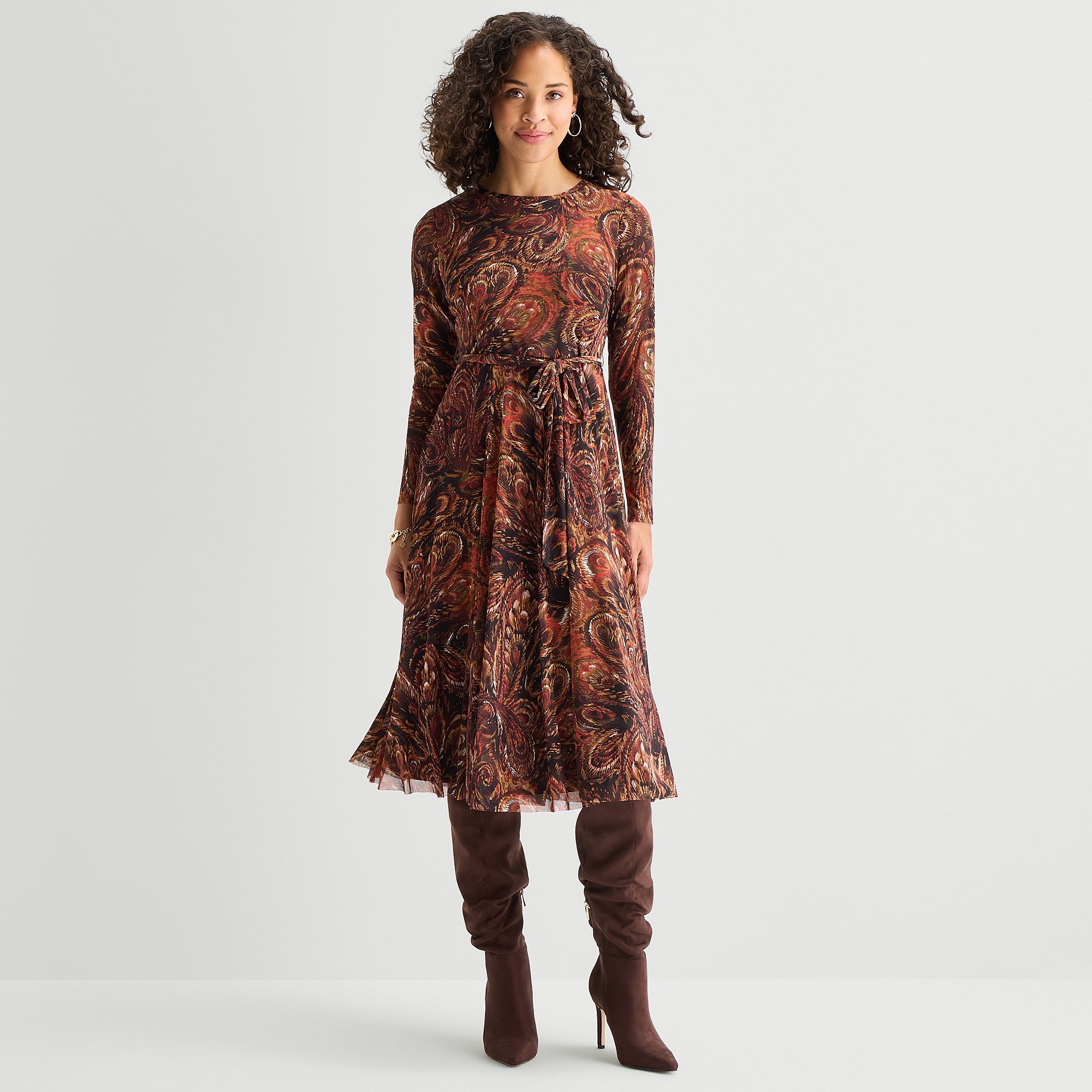Studio 1 Womens Petite Midi Round Neck Long Sleeve Fitted Abstract Fit + Flare Dress