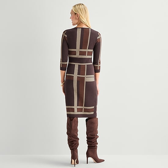 Danny & Nicole Womens 3/4 Sleeve Plaid Sweater Dress
