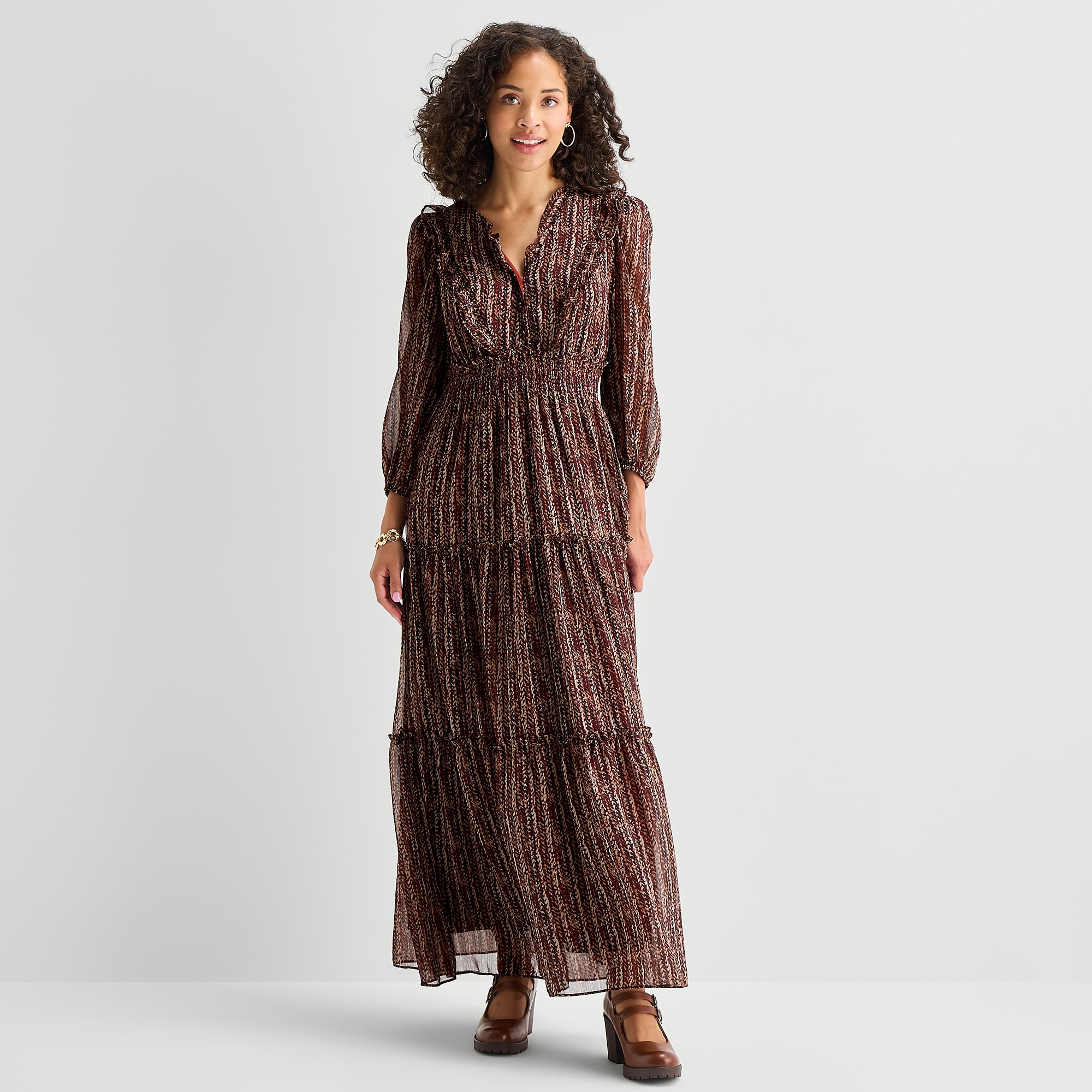 Melonie T Womens V Neck 3/4 Sleeve Balloon Chiffon Maxi Dress