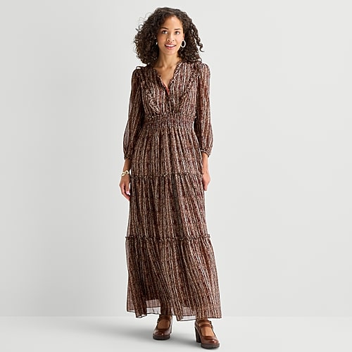 Melonie T Womens V Neck 3/4 Sleeve Balloon Maxi Dress In Brown