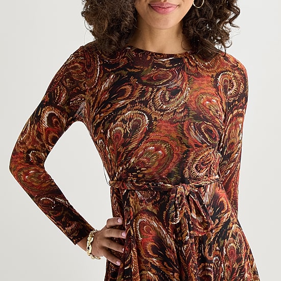 Studio 1 Womens Petite Midi Round Neck Long Sleeve Fitted Abstract Fit + Flare Dress