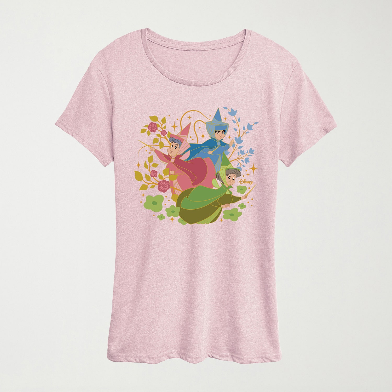 Flora Fauna And Merryweather Womens Crew Neck Short Sleeve Regular Fit Sleeping Beauty Graphic T-Shirt