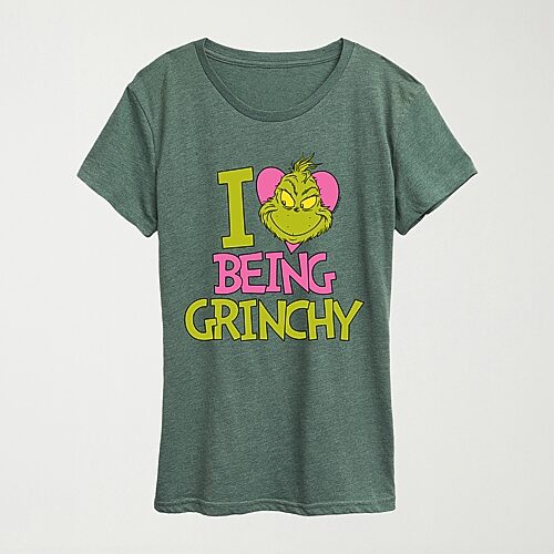 Hybrid Tees I Love Being Grinchy Womens Crew Neck Short Sleeve Regular Fit Grinch Graphic T-shirt In Green