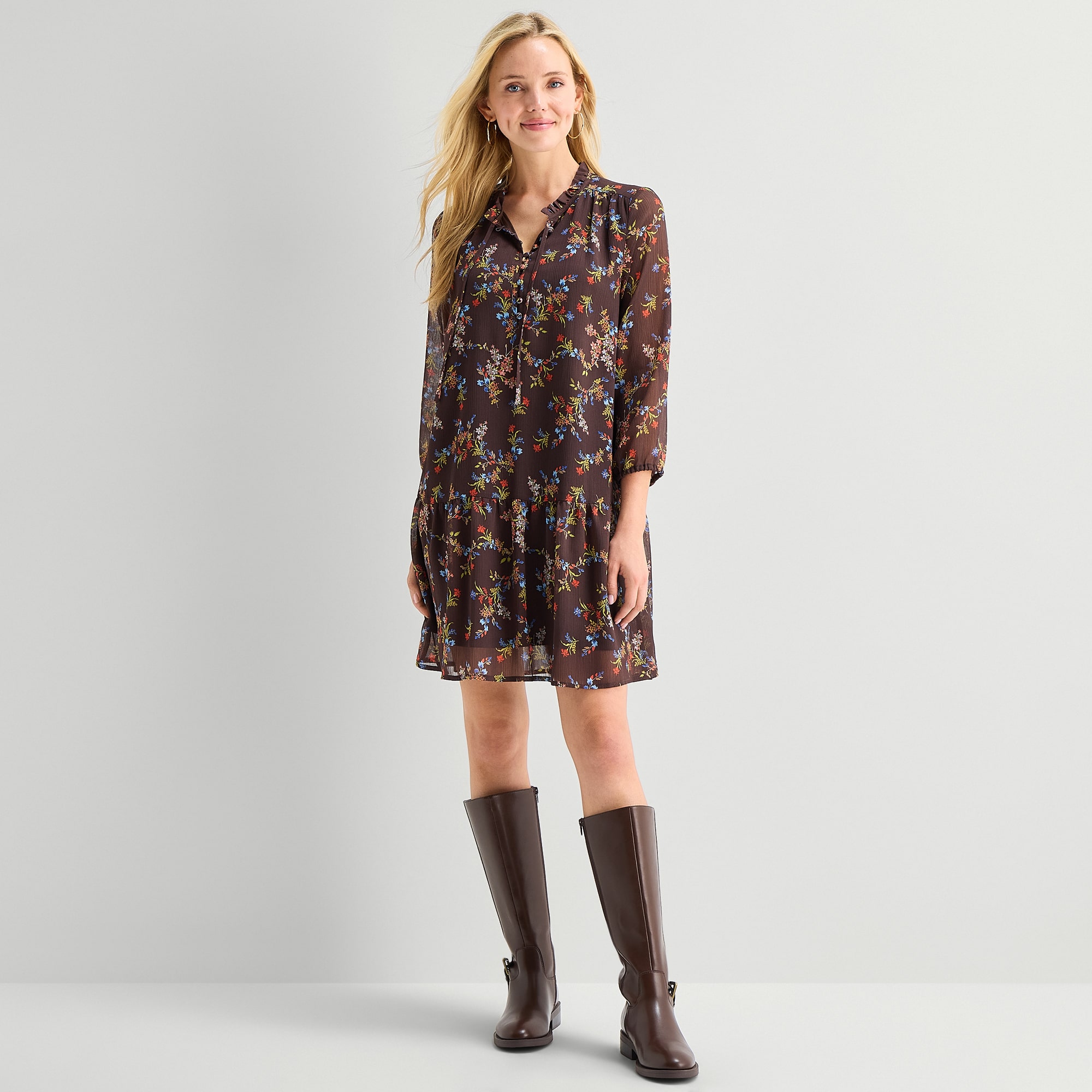 St. John's Bay Womens V Neck Long Sleeve Floral A-Line Dress