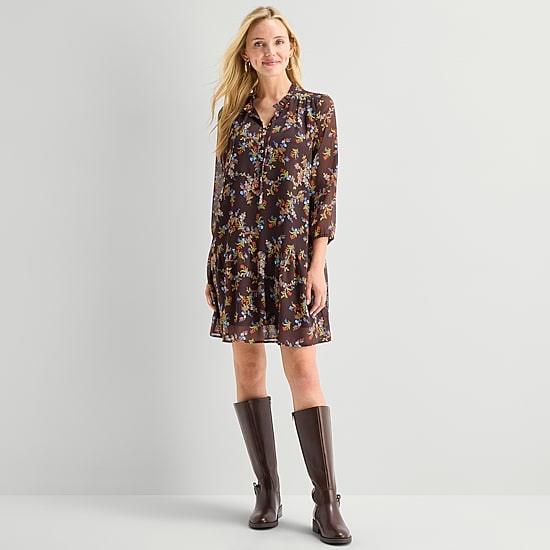 St. John's Bay Womens V Neck Long Sleeve Floral A-Line Dress