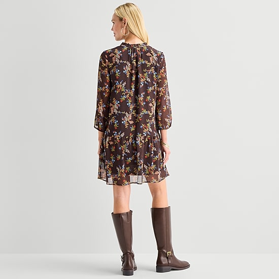 St. John's Bay Womens V Neck Long Sleeve Floral A-Line Dress