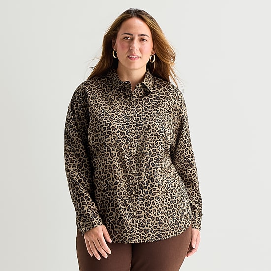 St. John's Bay Womens Plus Long Sleeve Regular Fit Button-Down Shirt