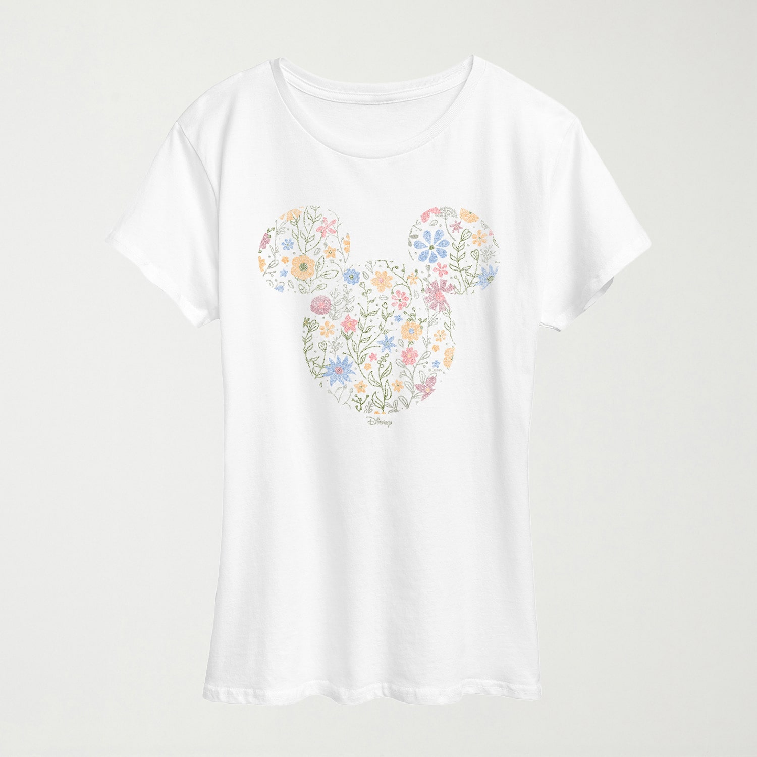 Floral Ears Womens Crew Neck Short Sleeve Regular Fit Mickey Mouse Graphic T-Shirt
