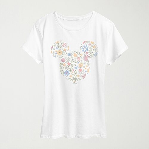 Hybrid Tees Floral Ears Womens Crew Neck Short Sleeve Regular Fit Mickey Mouse Graphic T-shirt In White