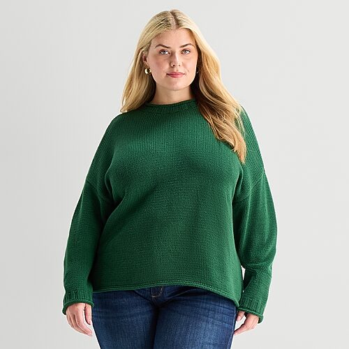 St. John's Bay Plus Womens Crew Neck Long Sleeve Striped Pullover Sweater In Green