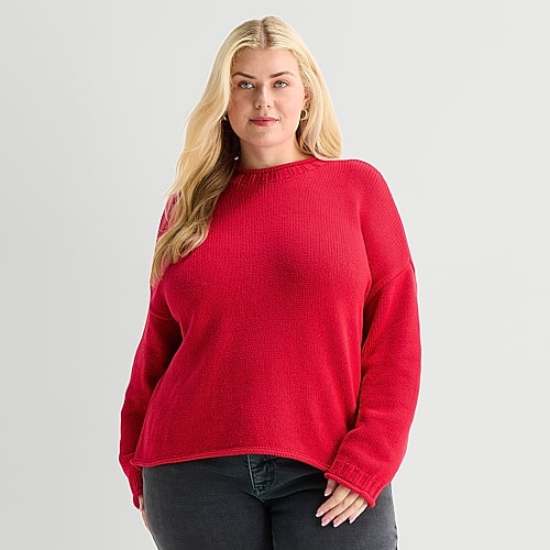 St. John's Bay Plus Womens Crew Neck Long Sleeve Striped Pullover Sweater In Red