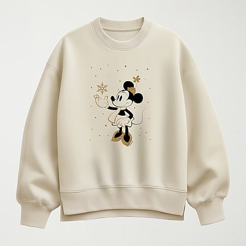 Hybrid Tees Winter Snowflake Womens Crew Neck Long Sleeve Minnie Mouse Pullover Sweater In Beige