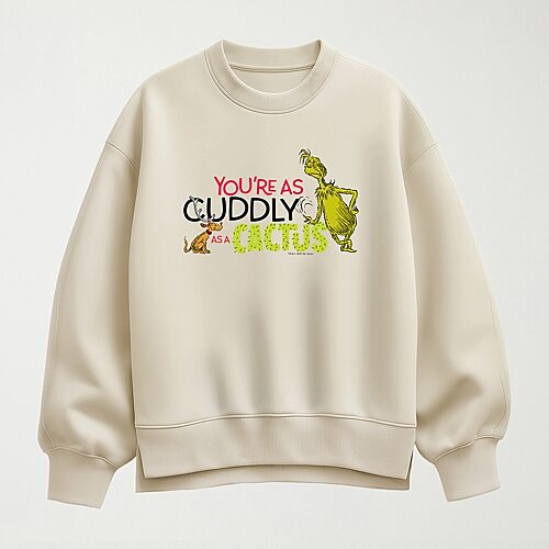 Hybrid Tees Cuddly As A Cactus Womens Crew Neck Long Sleeve Grinch Pullover Sweater In Beige