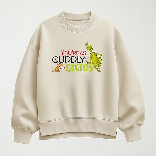 Cuddly As A Cactus Womens Crew Neck Long Sleeve Grinch Pullover Sweater