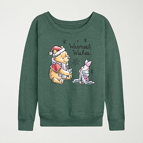 Hybrid Tees Warmest Wishes Womens Crew Neck Long Sleeve Winnie The Pooh Piglet Pullover Sweater In Green