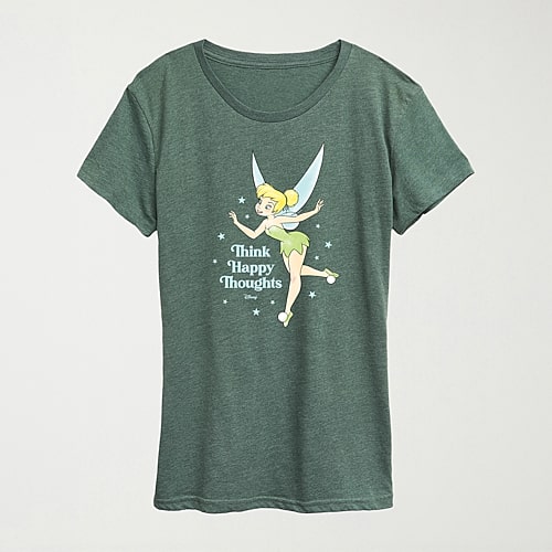 Hybrid Tees Think Happy Thoughts Womens Crew Neck Short Sleeve Regular Fit Tinker Bell Graphic T-shirt In Green