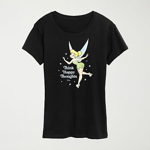 Hybrid Tees Think Happy Thoughts Womens Crew Neck Short Sleeve Regular Fit Tinker Bell Graphic T-shirt In Black