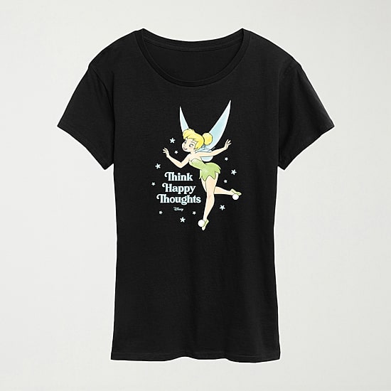 Think Happy Thoughts Womens Crew Neck Short Sleeve Regular Fit Tinker Bell Graphic T-Shirt
