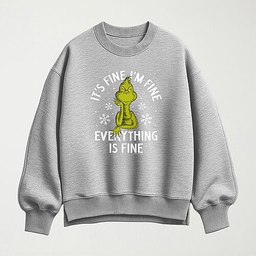 Hybrid Tees Im Fine Womens Crew Neck Long Sleeve Grinch Pullover Sweater In Gray