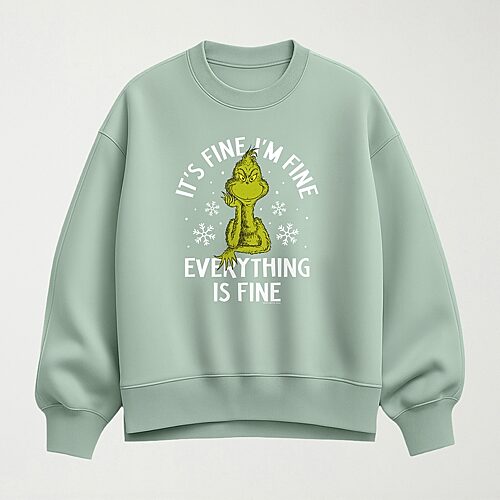 Hybrid Tees Im Fine Womens Crew Neck Long Sleeve Grinch Pullover Sweater In Green