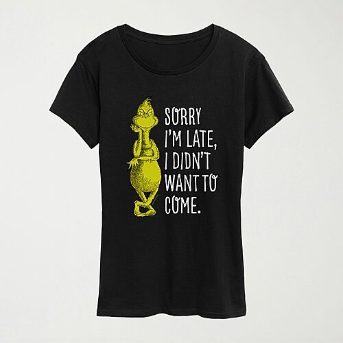 Hybrid Tees Sorry Im Late Womens Crew Neck Short Sleeve Regular Fit Grinch Graphic T-shirt In Black