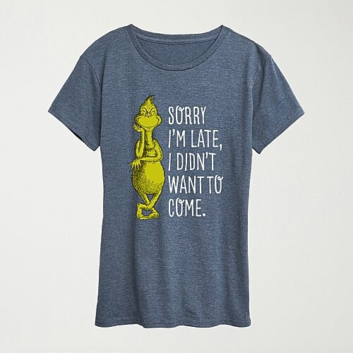 Hybrid Tees Sorry Im Late Womens Crew Neck Short Sleeve Regular Fit Grinch Graphic T-shirt In Blue