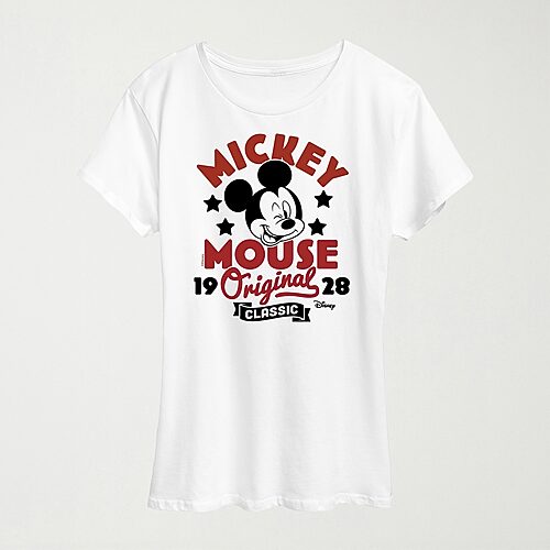 Hybrid Tees Original Badge Womens Crew Neck Short Sleeve Regular Fit Mickey Mouse Graphic T-shirt In White