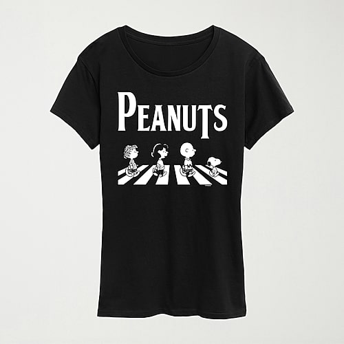 Hybrid Tees Crossing Road Womens Crew Neck Short Sleeve Regular Fit Peanuts Snoopy Graphic T-shirt In Black