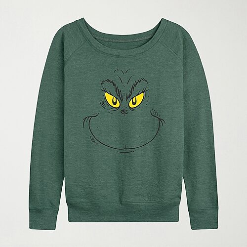 Hybrid Tees Face Womens Crew Neck Long Sleeve Grinch Pullover Sweater In Green