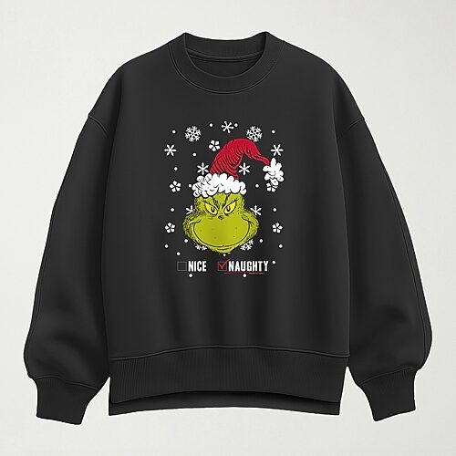 Hybrid Tees Naughty Womens Crew Neck Long Sleeve Grinch Pullover Sweater In Black