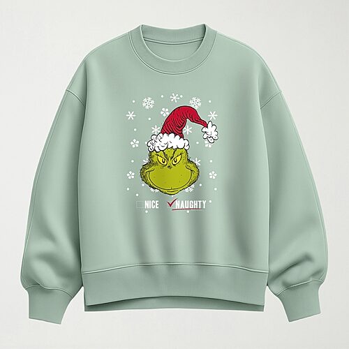 Hybrid Tees Naughty Womens Crew Neck Long Sleeve Grinch Pullover Sweater In Green