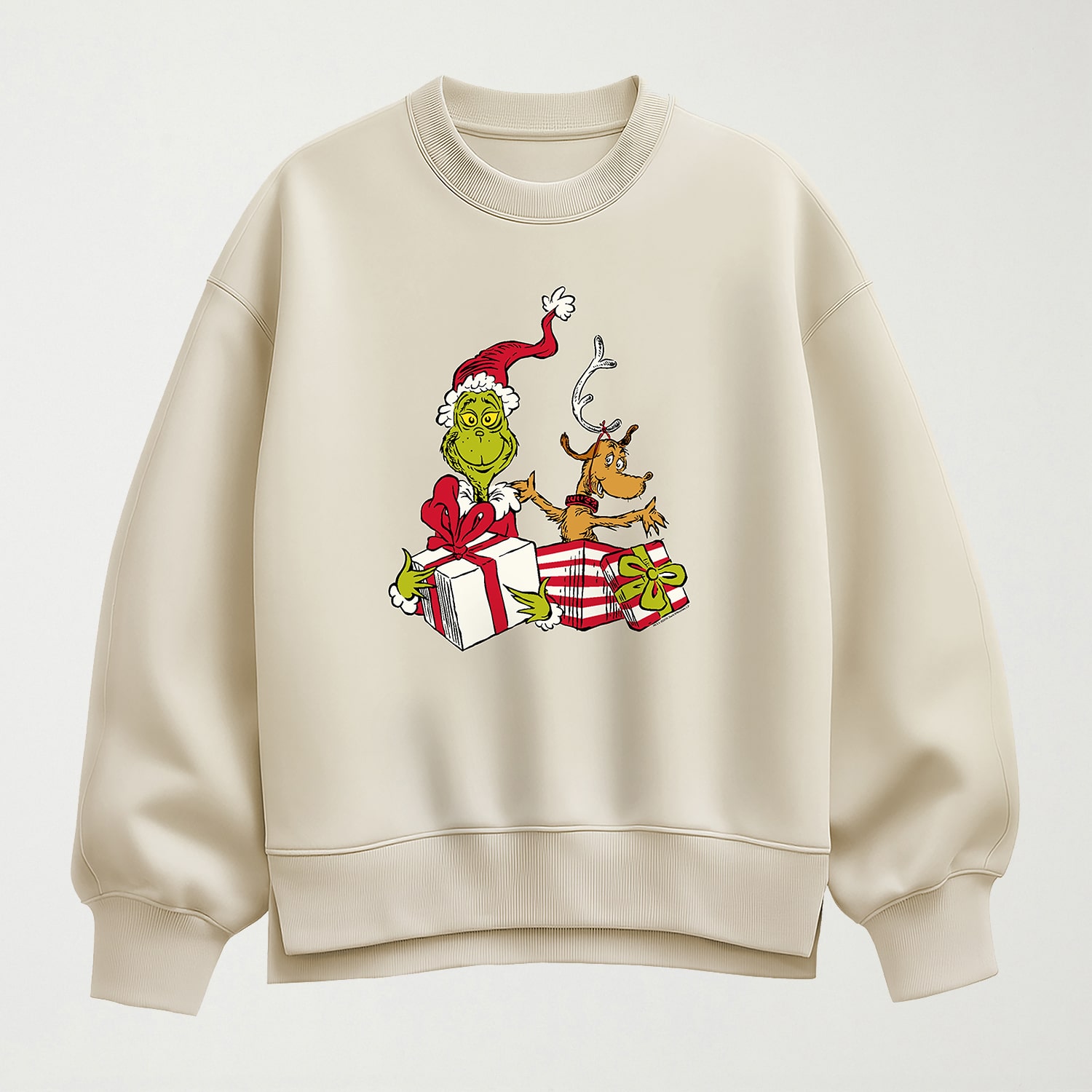 Max And Presents Womens Crew Neck Long Sleeve Grinch Pullover Sweater