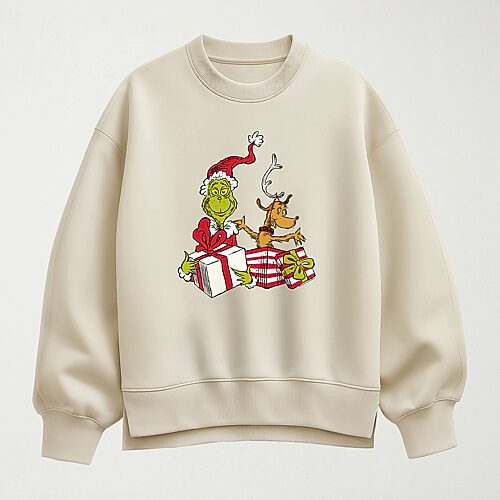 Hybrid Tees Max And Presents Womens Crew Neck Long Sleeve Grinch Pullover Sweater In Beige