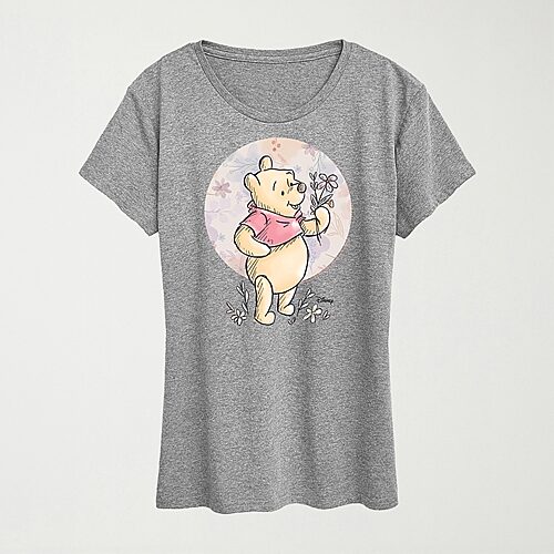 Hybrid Tees Floral Circle Womens Crew Neck Short Sleeve Regular Fit Winnie The Pooh Graphic T-shirt In Gray