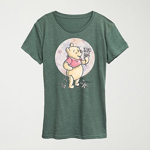 Hybrid Tees Floral Circle Womens Crew Neck Short Sleeve Regular Fit Winnie The Pooh Graphic T-shirt In Green