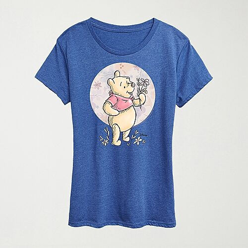 Hybrid Tees Floral Circle Womens Crew Neck Short Sleeve Regular Fit Winnie The Pooh Graphic T-shirt In Blue