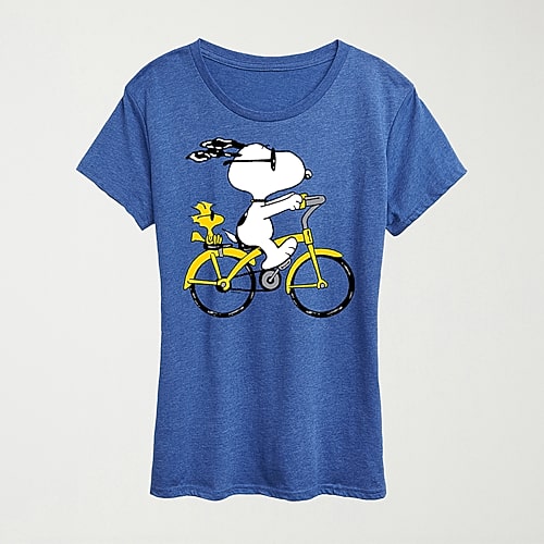 Hybrid Tees Riding Bike Womens Crew Neck Short Sleeve Regular Fit Peanuts Snoopy Graphic T-shirt In Blue